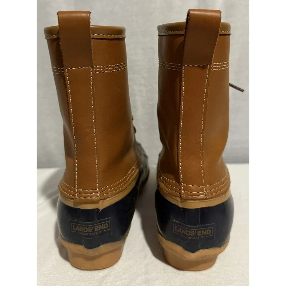 Lands End Rubber Duck Boots Waterproof Size 6 Womens Brown Navy Tan Perfect Cond
